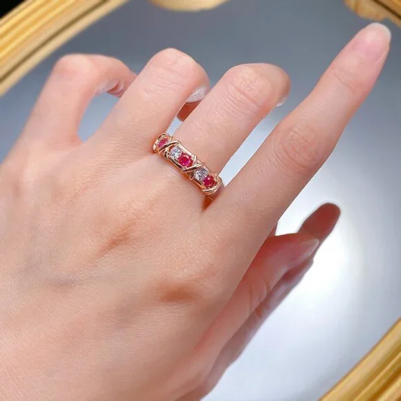Adjustable Ruby Crystal Ring Gold Open Band Vintage Style Statement Ring
