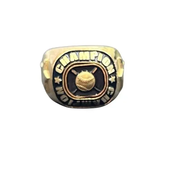 Gold Black Enamel Champions‎ Award Baseball Ring with 3D Design Sz 9 3/4