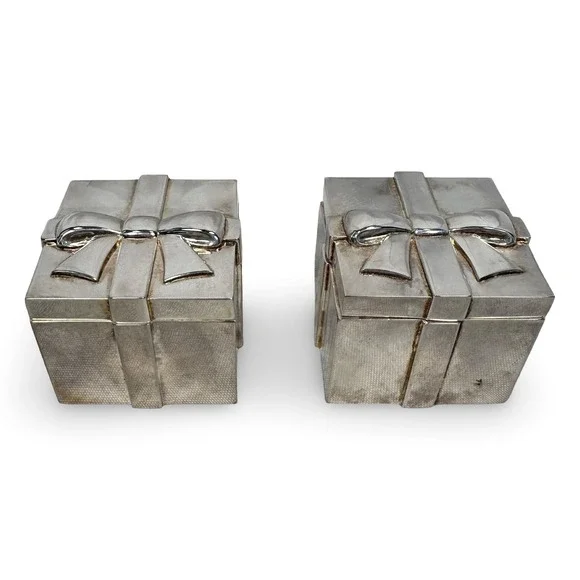 Pottery Barn‎ Silver Gift Box Tealight Candle Holders Pair Hinged Bow Detail