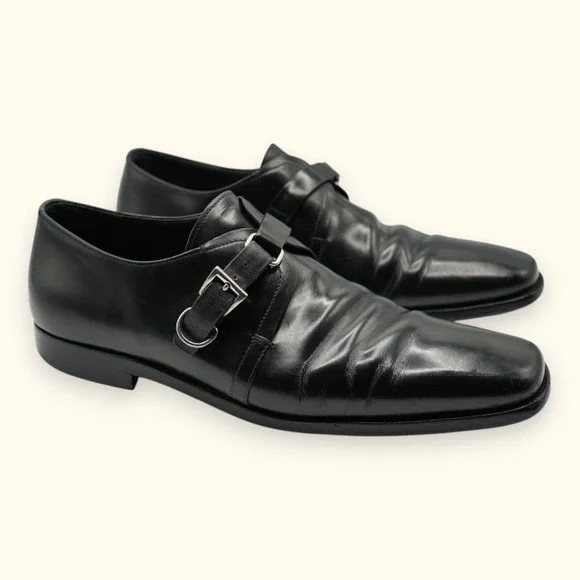 PRADA Mainline Leather Monks Black Leather Dress Shoes Loafers Size 7.5 Italy‎