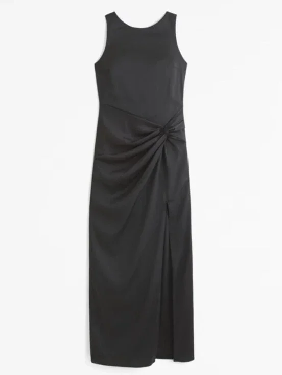 NWT Abercrombie & Fitch Draped Skirt Satin Maxi Dress Black MT Tall