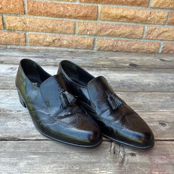 Vintage Florsheim Black Leather Kiltie Tassel Loafers Men's 7.5 E Wide 20108