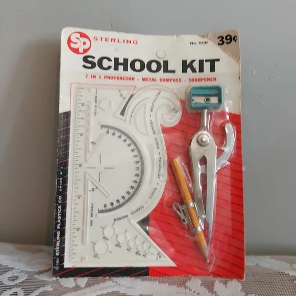 Vintage 1962 Sterling Plastics School Kit No608 Protractor Compass Sharpener NEW