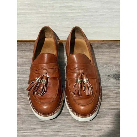 Stuart Weitzman Mens Cognac Brown Leather Tassel Lug Sole Loafers Made‎ in Spain
