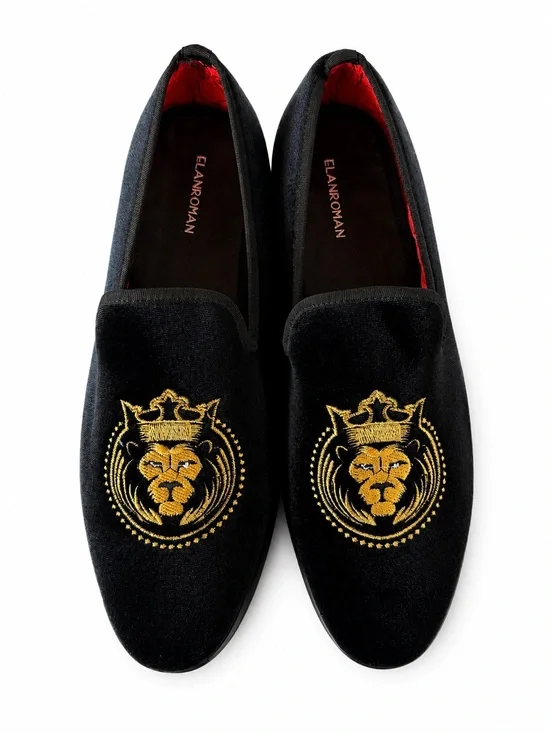 Men’s Black Velvet Loafers with Gold Lion Crest
