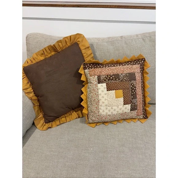 Vintage Boho Patchwork Ruffled Square‎ Pillows Mustard Orange Brown Set of 2