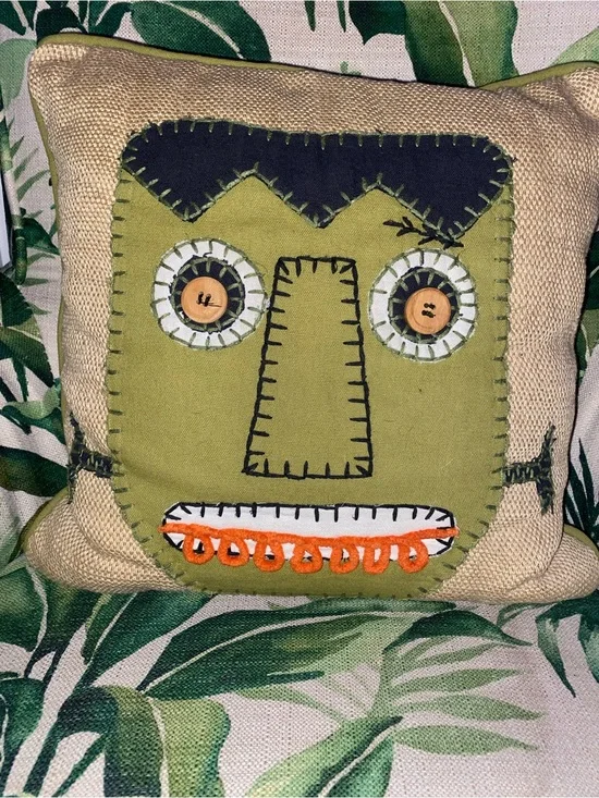 Handcrafted Frankenstein Accent Pillow with Button Eyes