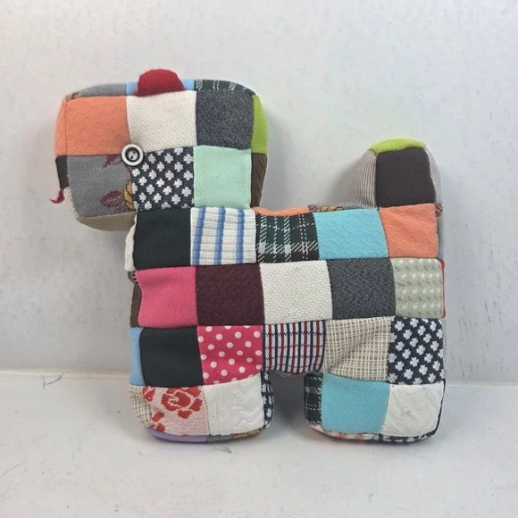VTG Handmade Patchwork Quilt‎ Fabric Dog Plush Stuffed Animal Folk Art Cottage