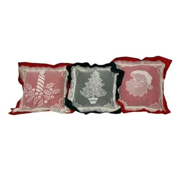 Vintage Christmas throw pillows with lace covered prints