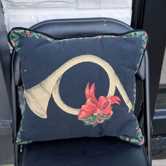 VTG Christmas French Horn Tapestry Throw Pillow Woven Holly Berry Red Bow Accent