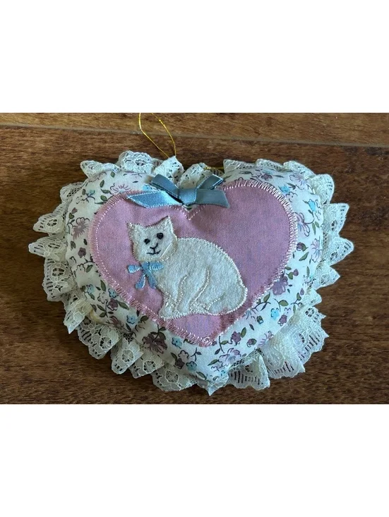 Cherished Teddies Heart-Shaped Decorative Pillow with White Cat Embroidery