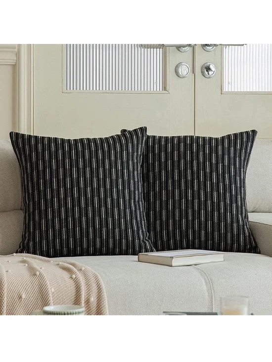 Black Square Pillow Covers Decorative Linen Boho Woven Texture Pillow Covers