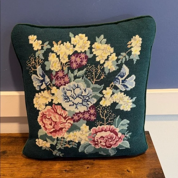 Vintage Floral Tapestry Style Pillow velvet green back accent pillow grandma