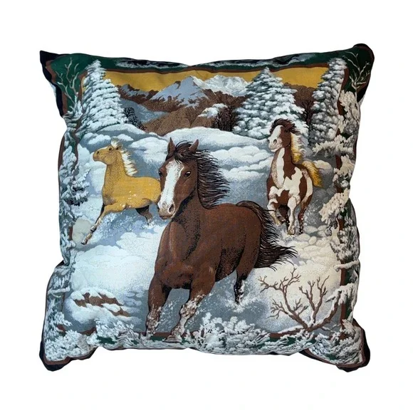 Winter Horses Tapestry Throw‎ Pillow Western Lodge Decor 18x18