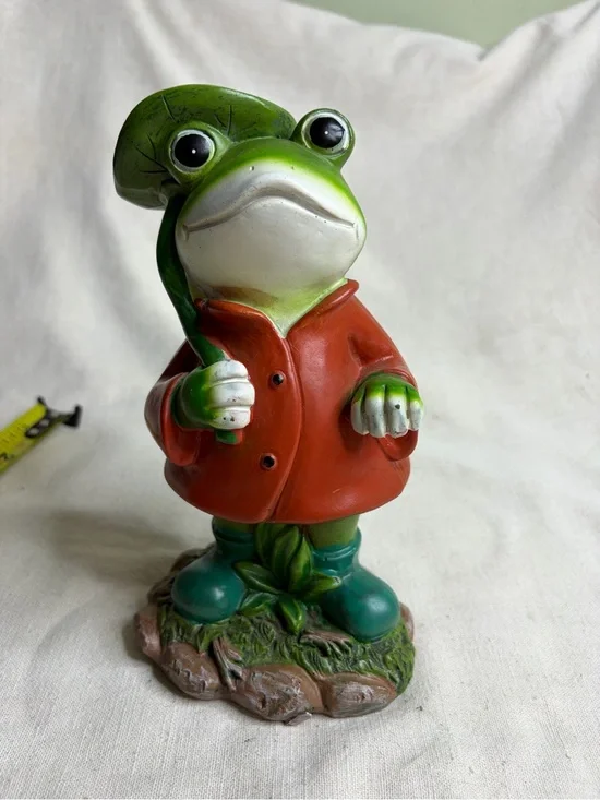 Green Frog Figurine in Red Coat Decorative Reptile Accent