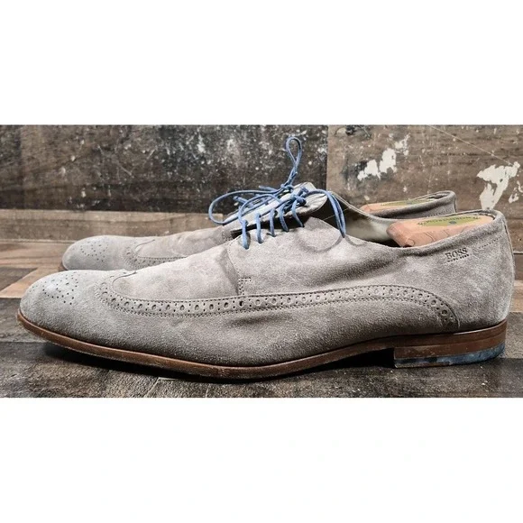 Hugo Boss Oxford Dress Shoes Men 12 Brown Suede Wingtip Made in Italy Blue Laces