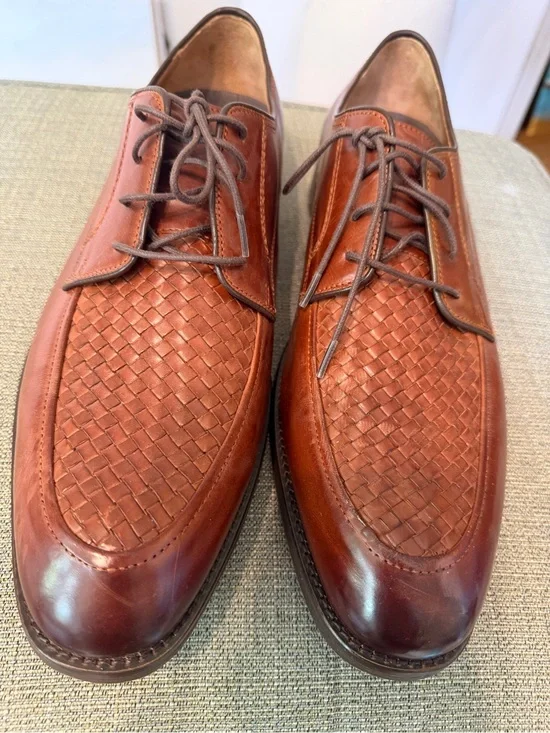 Johnston & Murphy Woven Leather Lace-Up Oxfords in Chestnut Brown