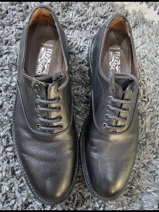 Ferragamo Tramezza Size 9.5M Pebble Leather Plain Toe Oxfords Shoes Black