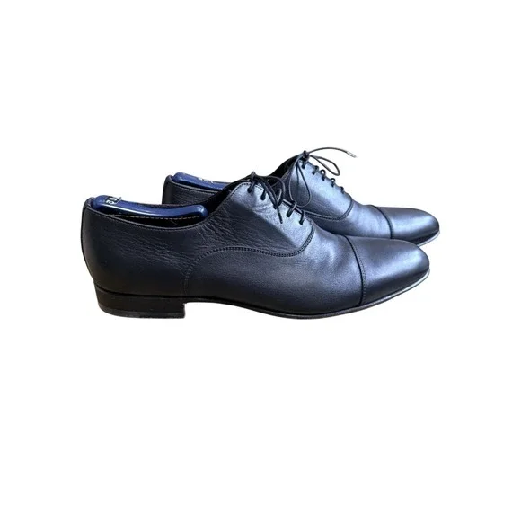 Santoni Mens Black Leather Cap Toe Oxford Dress Shoes Made in Italy Size 9.5 D