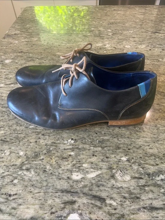 John Fluevog Radio CBC Men’s Classic Derby Shoes Black Blue Leather Size 12.5