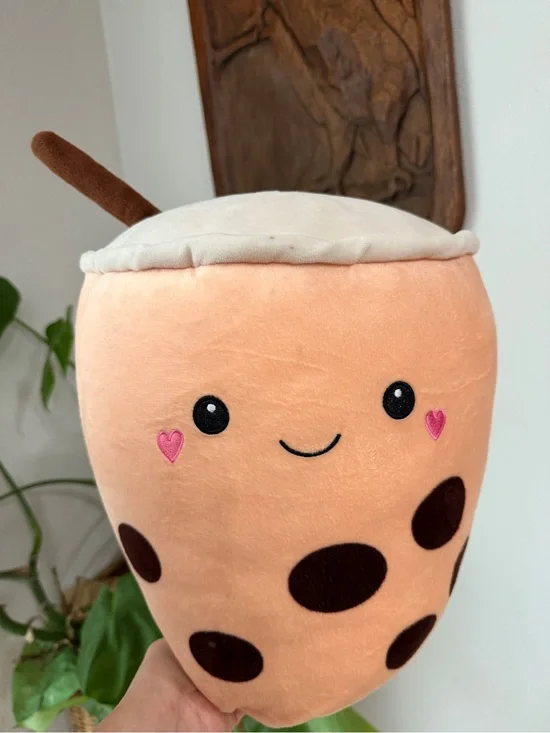 Kawaii Boba Bubble Tea Plush Stuffed Pillow 11” Peach Pink Cute