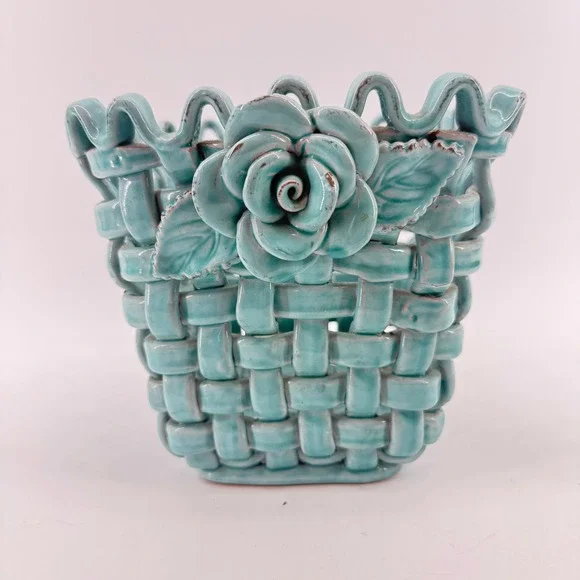 Ceramic Woven Basket Turquoise Rose Floral Lattice Decorative Bowl 7