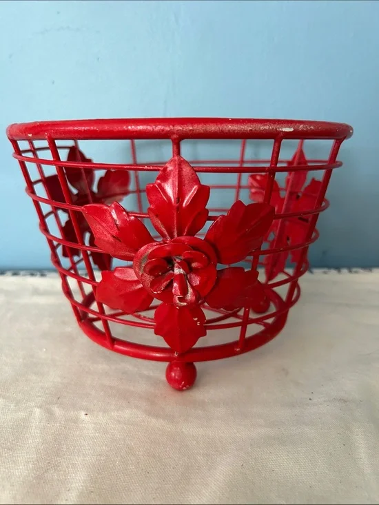 Footed Red Decorative Metal Wire Basket with Floral Accent