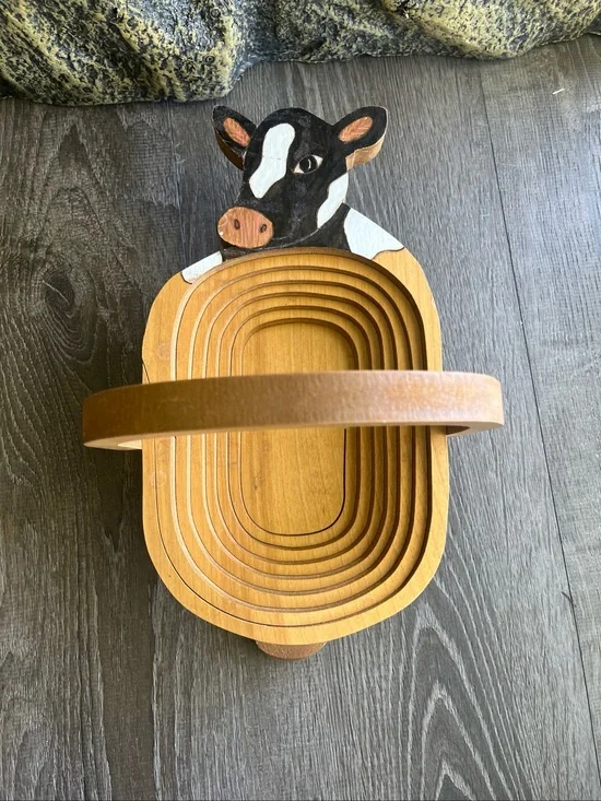 Collapsible Handcrafted Brown Wooden Cow Nesting Basket - Home Accents