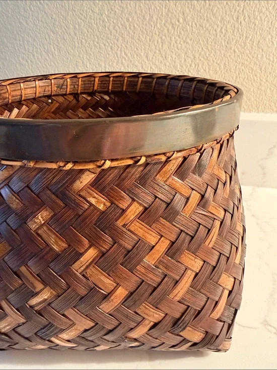 Vintage Japanese Style Wabi Sabi Basket with Metal Tim
