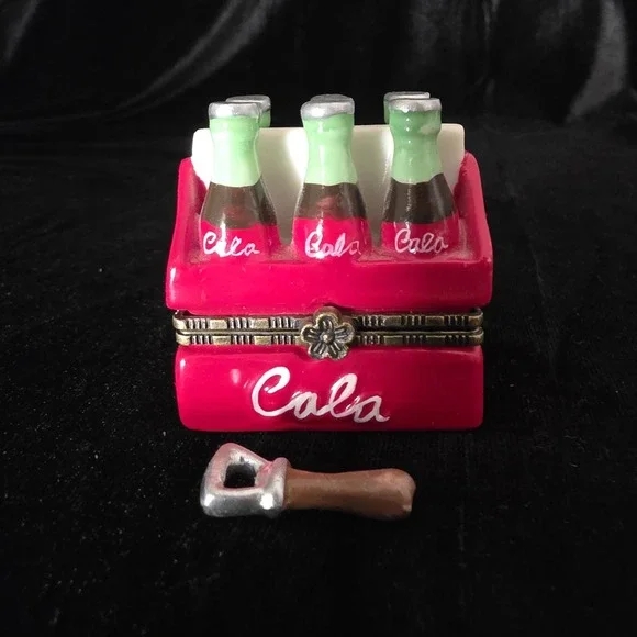 VTG 6 Pack Cola, Miniature Porcelain Hinged Trinket Box w/trinket Bottle Opener
