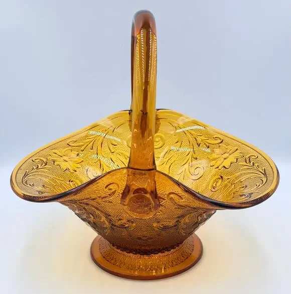 Brockway Indiana Glass Large Tiara Amber Sandwich Handled Basket Signed J.T.