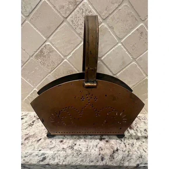 Vintage Copper Brass Letter Holder Napkin Basket Punched Metal Decorative Caddy
