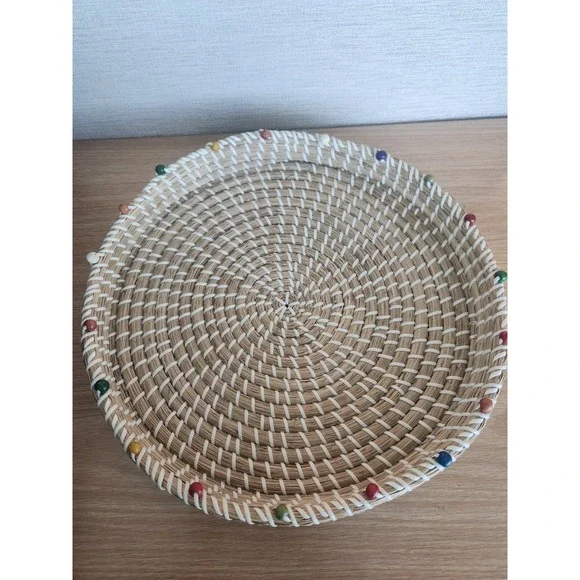 Vintage Hand Woven Round Coil Serving Tray Beaded Edge Basket‎ Made In Vietnam
