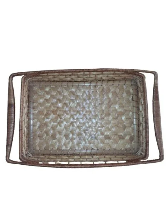 Vintage Rattan Tray Basket MCM Handwoven