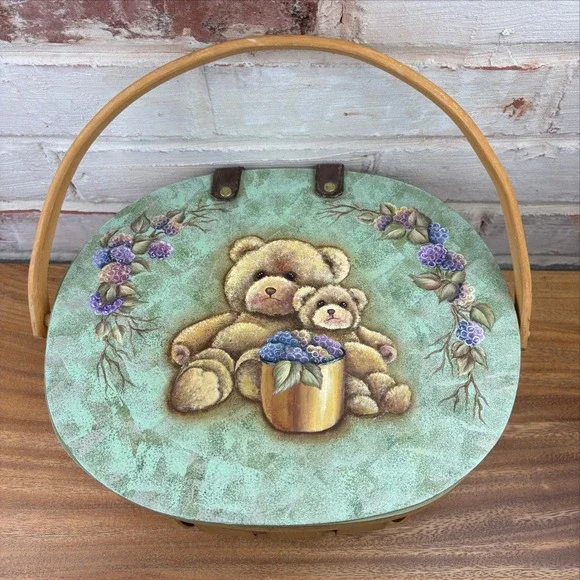 Handpainted Teddy Bear Blackberry Purse Basket Wood Lid Leather Straps Cottage