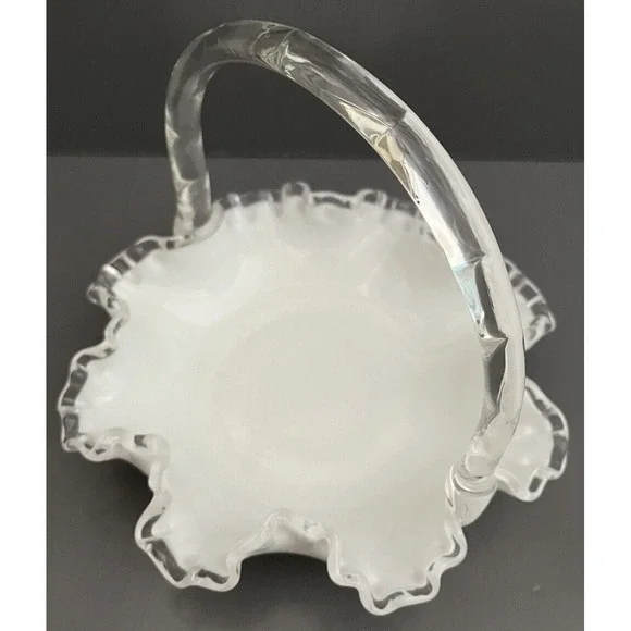 Fenton Silver Crest Milk Glass Basket Collectible White Ruffle Edge Vintage Gift