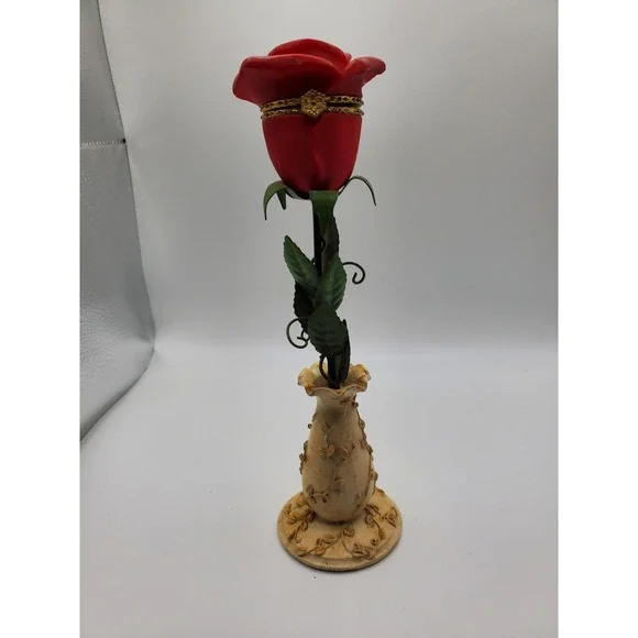 Rose In A Vase Ring Trinket Box Resin and Metal Velvety Lining 9