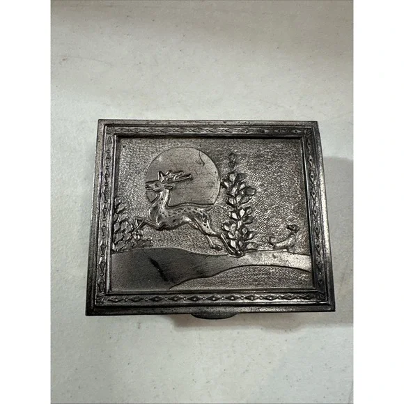 Vintage Deer In Forest Scene Metal Wood Trinket Jewelry Box Made In Japan