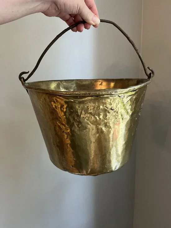 Antique Hammered Brass Bucket With Iron Handle Floral Interior Accent