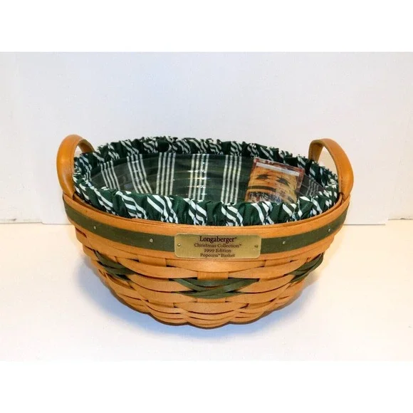 Popcorn Basket w/ Liner & Protector 1999 Christmas Holiday Longaberger GREEN