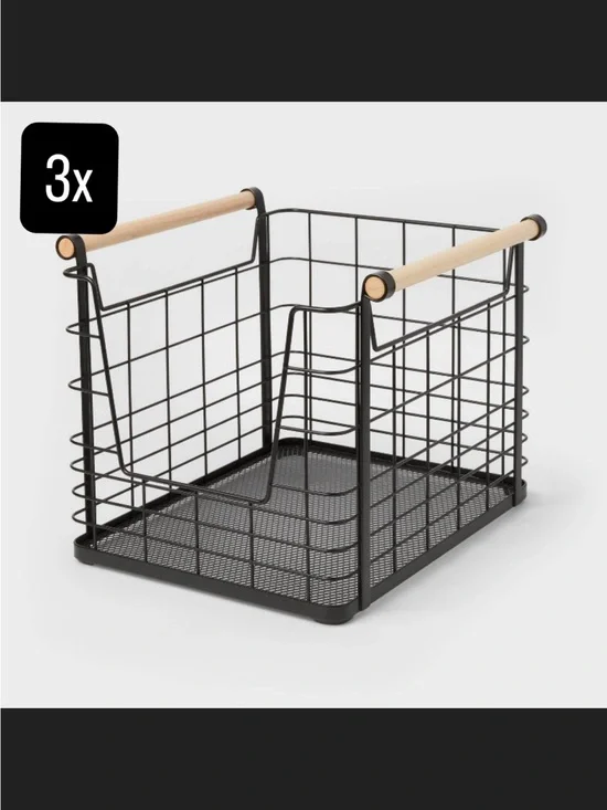 Set of 3 Wire Open Front Baskets with Natural Wood Handles from Brightroom