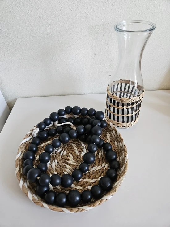 Lot Of Decorative Home Accents -  Black Wood Bead Garland, Tray, Carafe