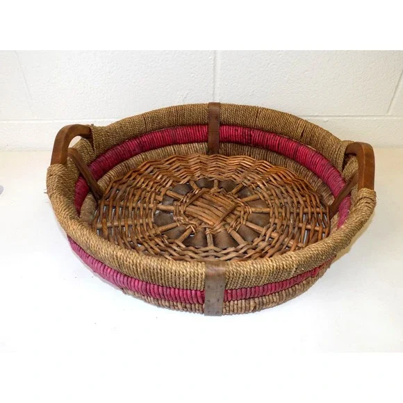 Large Vintage Woven Basket Tray w/ Wood Handles Red Accent Round Boho 20