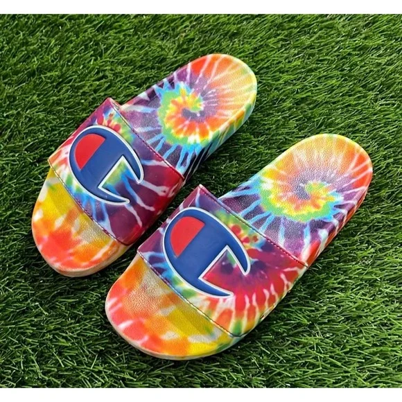 Champion IPO Tie Dye Slides Sz Mens 11 Multi Color Big C Logo Sandals CP101193M