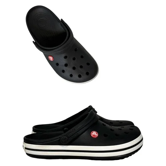 Crocs Crocband Clogs Black White Striped Midsole Mens 7 Womens 9 11016-001