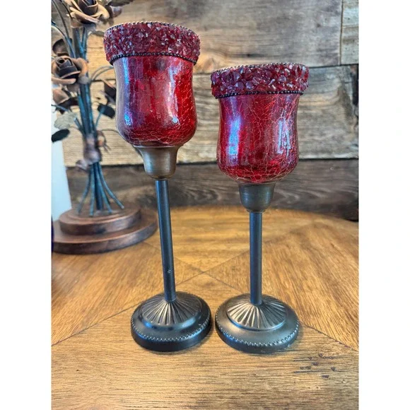 Cracked hurricane‎ Glass Candle Holders Set 2 Bronze Metal Pedestal Gothic Decor