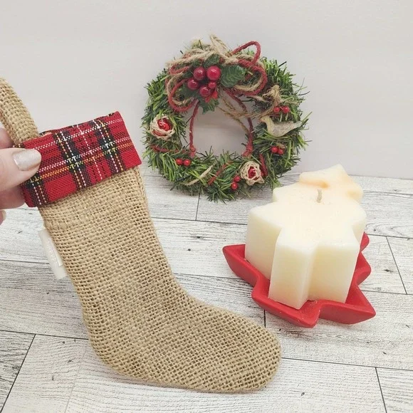 Rustic Christmas Bundle‎ of Chesapeake Bay Candle, Burlap Stocking, Mini Wreath