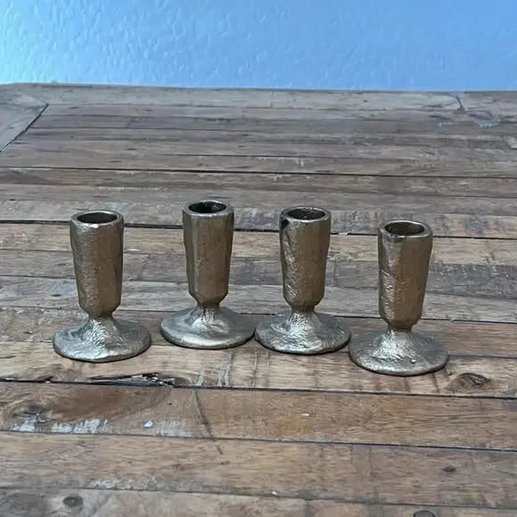 Handcrafted Antique Brass Iron Taper Candle Holders Set of 4 Gold Rustic Finish