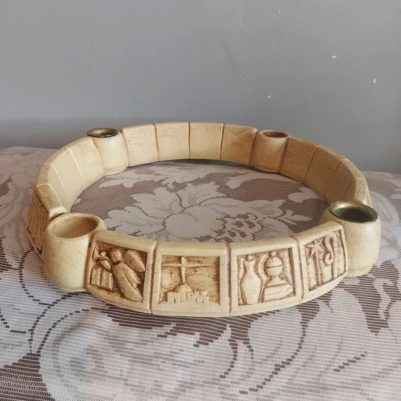 Vintage Hand Carved Wood Advent Wreath 4 Candle Holder Religious Relief Symbols
