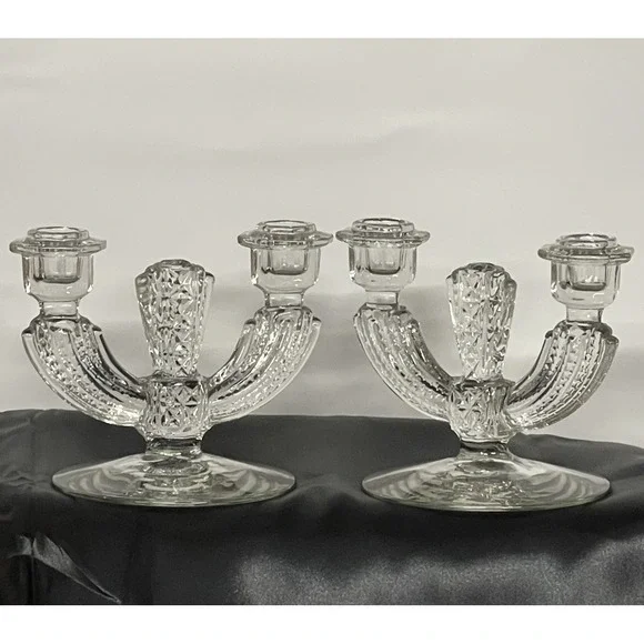 Tiffin Franciscan Williamsburg Clear Glass Double Candlesticks Candelabra Pair